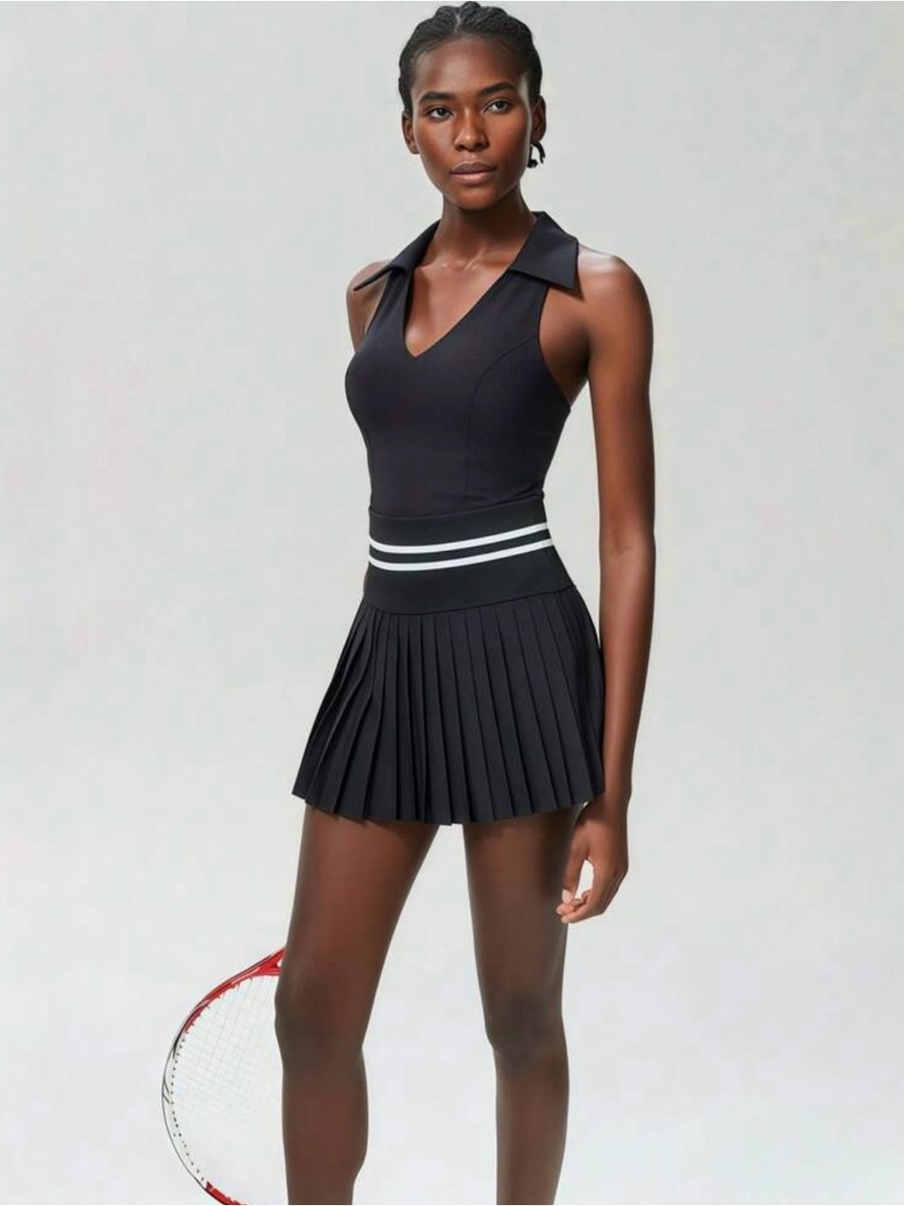 SHEIN Black Pleated Tennis Dress with Contrast Striped Waist- set 2 pieces